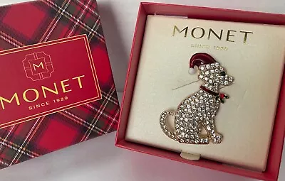 Monet Christmas Pin Brooch Dog With Santa Hat & Holly Collar SPARKLE NEW • $19.99