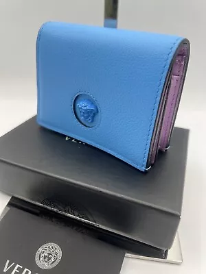 NEW $525 VERSACE Blue Leather LA MEDUSA LOGO Bifold Small COMPACT WALLET NIB • $355