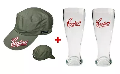 Coopers Sparkling Ale 2 Beer Glasses 320ml + Army Commando Cap BNWOT MAN CAVE • $49.99