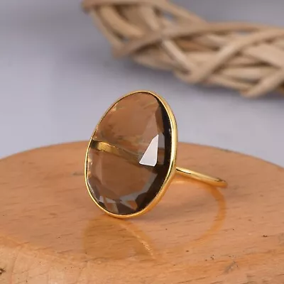 Bezel Set Smoky Quartz Faceted Ring In 18K Gold Over Sterling Silver Jewelry • $28.99