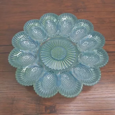 Deviled Egg Plate Aqua Blue Glass Vintage 9.5 In • $39.99