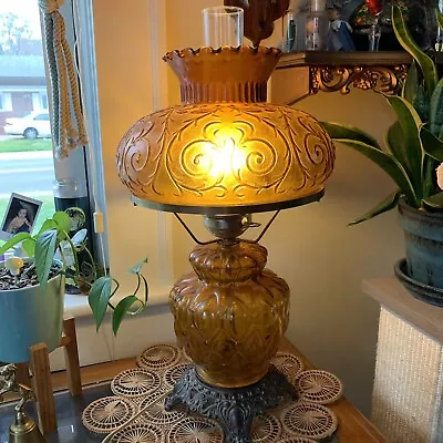 Vintage Amber Glass Hurricane Table Lamp Works • $87