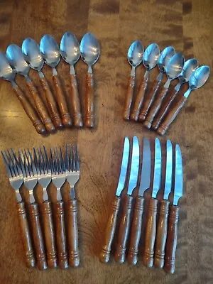 Vintage Wooden Handle 23 Piece Flatware Silverware Stainless Set Made In Taiwan • $32.99