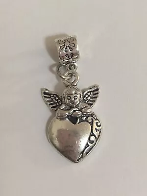 European ￼Angel Heart ￼Charm Silver Slider Bead For Necklace Or Snake ￼Bracelets • $1.25