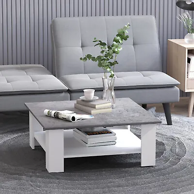 Square Coffee Table 2 Tier Side End Shelving White With Cement Grey Top • £60.95