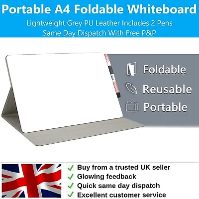 A4 Whiteboard Portable Foldable Lightweight Grey PU Leather Inc. 2 Pens Free P&P • £9.99