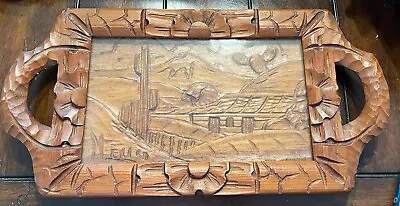 Vintage Mexico Hand Carved Folk Art Wood Tray With Glass Insert Handles • $24.79