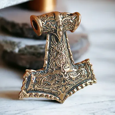 Large THOR HAMMER Mjolnir Pendant Necklace BronzeViking Jewelry • $35.91