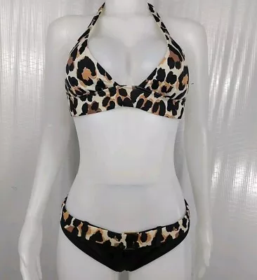 Victoria's Secret Black Leopard Print Wireless Halter Top Swim Bikini Retro Sz M • $23.87