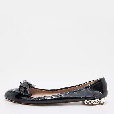 Miu Miu Black Patent Leather Crystal Embellished Bow Ballet Flats Size 38.5 • $101.85