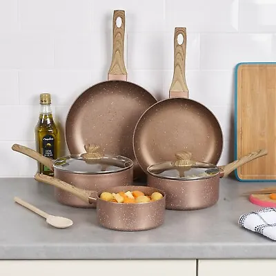 5 PCS URBN-CHEF Ceramic Rose Gold Induction Cooking Pots Frying Pan Cookware Set • £52.99