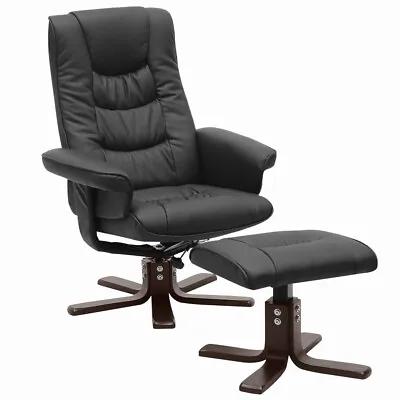 Swivel Office Executive Chair Recliner Black Faux Leather Single Sofa With Stool • £169.95
