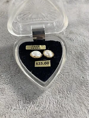 Vintage Austrian Crystal Stud Earrings Faux Pearl In Heart Shaped Lucite Box • $19.98