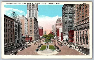 Detroit Michigan - Washington Boulevard From Michigan Ave. - Vintage Postcard • $5.94