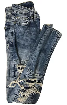 H And M Divided Women's 28x32 Blue Denim Jeans Skinny Leg Distressed Button Fly • $4.50