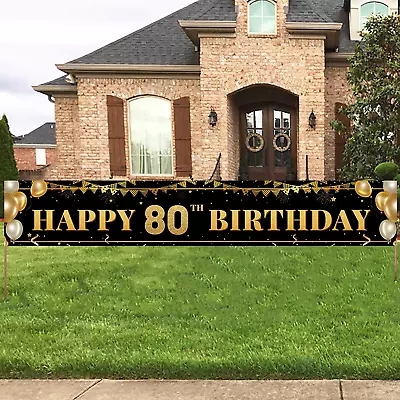 Large Happy 80Th Birthday Decoration Banner Black And Gold Happy 80Th Birthday • $15.68