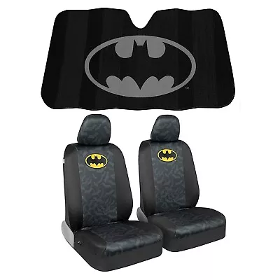 New Batman Classic Black Logo Car Front 2pc Seat Cover Set & Windshield Sunshade • $59.93