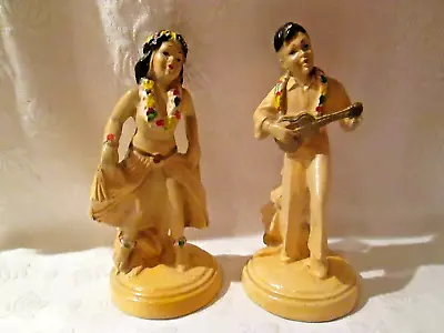 Vtg RARE Chalkware Hawaiian Hula Girl & Ukulele Boy Figures 7.5  • $99