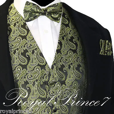 Olive Green XS To 6XL Paisley Tuxedo Suit Dress Vest Waistcoat & Bow Tie Hanky • $25.36