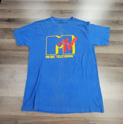 Vintage 80's MTV T-Shirt Size Medium Blue Music Television Short Sleeve Rock USA • $29.95