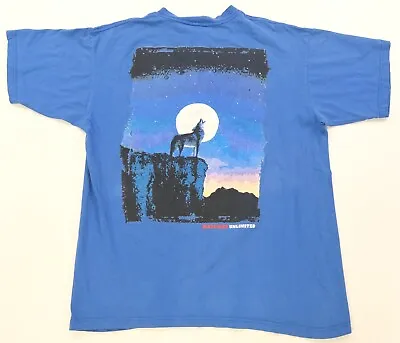 Rare VTG MARLBORO UNLIMITED Spell Out Howling Wolf T Shirt 90s Smoking Blue XL • $19.99