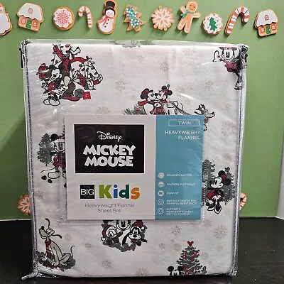 Disney MICKEY MOUSE Yuletide 3 Pc TWIN FLANNEL SHEET SET Christmas Bedding NEW! • $45.97