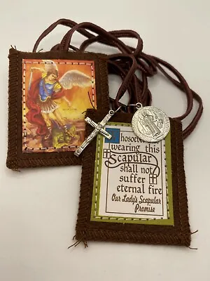 St Michael Guardian Angel Scapular With A St. Benedict Medal And Crucifix Dangle • $9.95