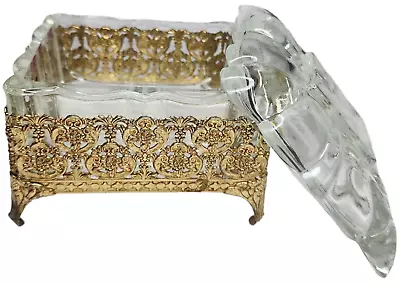 Vintage Filigree Jewelry Casket Trinket  Box Metal & Thick Glass Ormolu W/Lid • $24.99