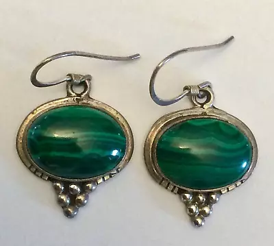 Vintage Signed RB Sterling Silver And Malachite Dangle Pierced Earrings • $11.99