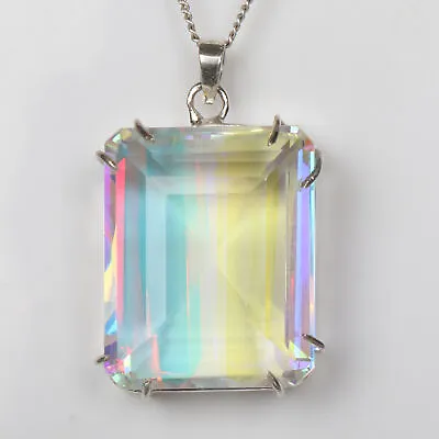 Emerald Cut 925 Silver Hydrothermal Mystic Topaz 59 Carat Fine Pendant For Party • $36.50