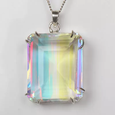 Emerald Cut 925 Silver Hydrothermal Mystic Topaz 75 Carat Fine Pendant For Beach • $38.75