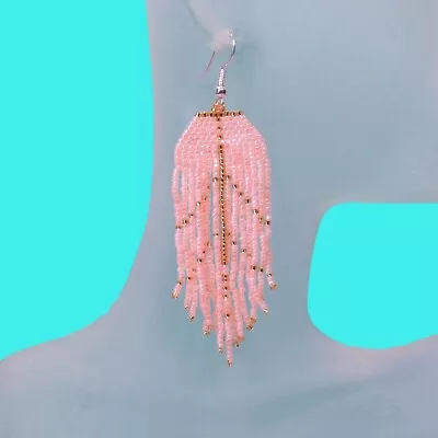 3  LONG Handmade Light Pink Chandelier Boho Style Dangle Seed Bead Earring • $10.99