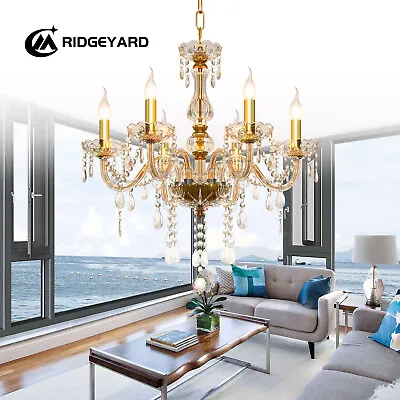 Gold 6 Arms Crystal Chandelier Adjustable Ceiling Light Candle Pendant Lamp E14 • £48.98