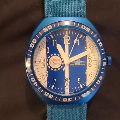 Men's Montres De Luxe Monza Milano Racing Stripe Anodized Blue Watch 40mm Quartz • $125