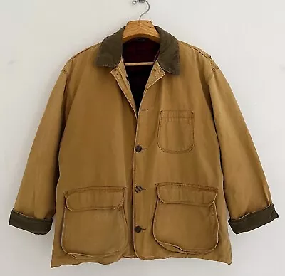 Vtg J CREW Men Field Barn Jacket Sz L Wool Bl.Lining Brown W/Corduroy Trim • $40.84