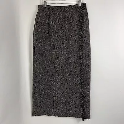 Vintage Stonebridge Midi Skirt Women's Size 12 Faux Wrap Gray Below Knee Fringe • $17.49