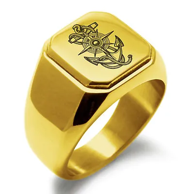 Stainless Steel Nautical Dial & Anchor Mens Square Biker Style Signet Ring • $15