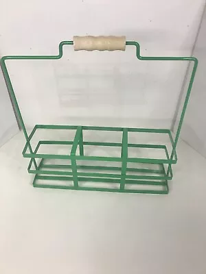 Green Metal Milk Bottle Carrier Holds 3 Pint Bottles Wood Handle 8” Width 8” Ht • $9.99