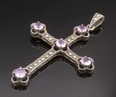 925 Silver - Vintage Amethyst & Marcasite Flower Cross Pendant - PT20785 • $55.18