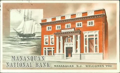 Manasquan NJ National Bank - New Jersey Sailboat + Brick Building 1954 Postcard • $5.79