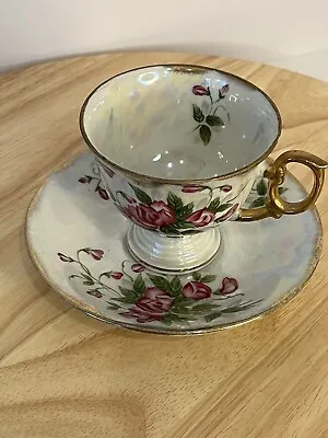 Vintage UCAGCO Bone China Occupied Japan Demi Cup & Saucer Rose Pink Floral Gold • $12