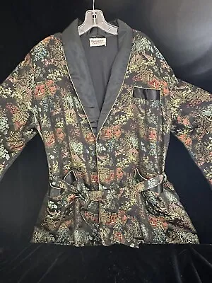 Men's Vtg Asian Shawl Collar Pockets Black Brocade Smoking Jacket Robe L • $69.99