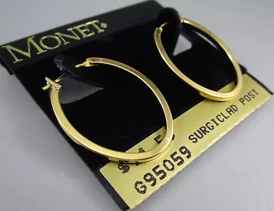 NOS Vintage 90s MONET Gold Tone 1  Oval Hoop Hinged Pierced Post Earrings 74o • $9.99