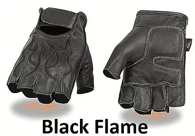 FINGERLESS Black Leather Gloves BLACK FLAMES Gel Palm Motorcycle Biker Rider • $11.90