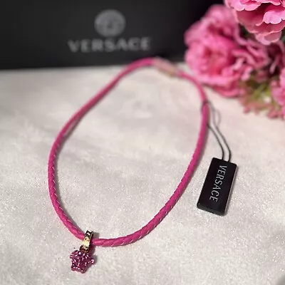 NEW Versace Medusa Charm Crystal Leather Braided Collar Necklace Glossy Pink • $149.99