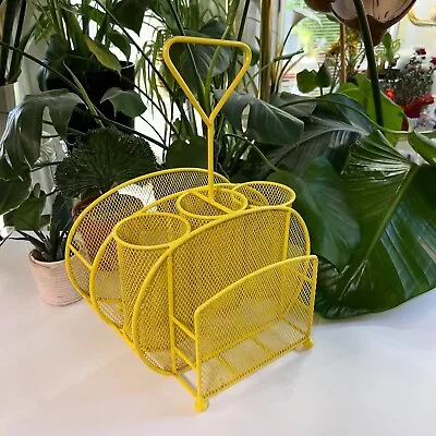 Vintage Mesh Metal Yellow Utensil Flatware Caddy Picnic BBQ Patio Dining MCM • $44