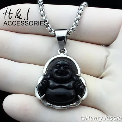 18-36 MEN Stainless Steel 3mm Silver Box Necklace Black Onyx BUDDHA Pendant*123 • $20.99