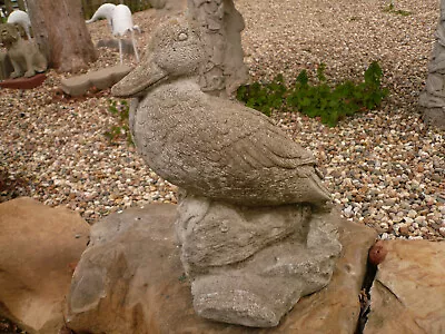 Divine Old Weathered Duck Sitting On Rocks Vintage Cement/concrete Garden Statue • $134.99