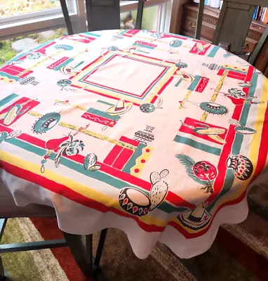 Vintage 1950's Tablecloth 46  X 50  Vivid Colors Mexican Figures • $44