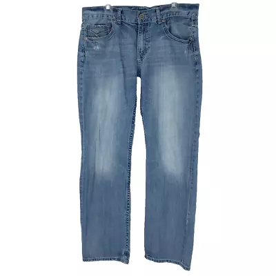 Buckle Mens Justin Straight Jeans Blue Whiskered Medium Wash Denim 36 X 34 • $18.49